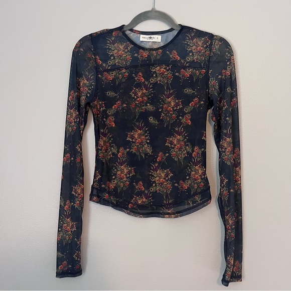 Natural Life Sloane Floral Mesh Long Sleeve Boho Crewneck Shirt Top Black Small - Picture 2 of 7
